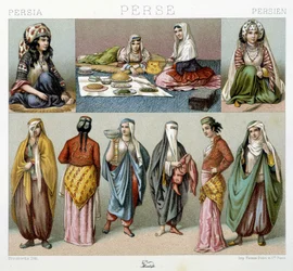 Frauenmahlzeit und weibliche Kostüme in Persien - in „Le costume historique“ von Racinet