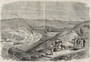 Arbeiten am Suezkanal 1864 - Baustelle und Bohrarbeiten am Suezkanal 1864 (Chaluf Tranchee)