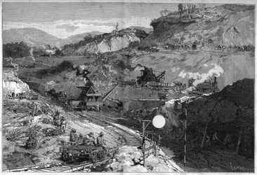 Arbeiter auf der Baustelle in Lower Obispo für den Bau des Panamakanals. Gravur in "Le Monde Illustré"