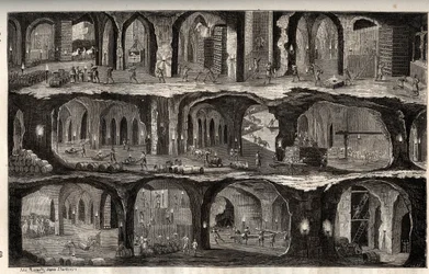 Arbeiten in der Salzmine von Wieliczka - Bergbaustadt in Polen - Ansicht der unterirdischen Arbeiten in den Salzminen von Wieliska, in Galizien - Gravur in 