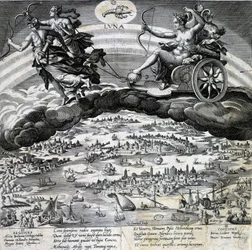 Sternzeichen Krebs. Mond, Darstellung des Tanks von Semelee. Gravur des 19. Jahrhunderts