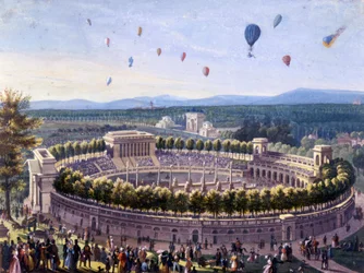 Ballonereignis in Mailand im Jahr 1830. Anonyme Aquarell von 1830.