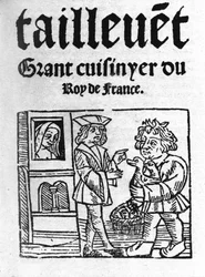 Frontispiz von „Le Viandier“ von Taillevent. Guillaume Tirel, genannt Taillevent oder Taillevant, französischer Koch (1310 bis 1395)