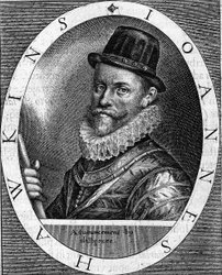 Porträt von Sir John Hawkins (Hawkyns), englischer Admiral (1532-1595), bekannt als der Erste, der Handel mit Schwarzen Menschen trieb; er unternahm, finanziert von Londoner Kaufleuten, mehrere Reisen zwischen Afrika und Amerika. Stich von 1620.