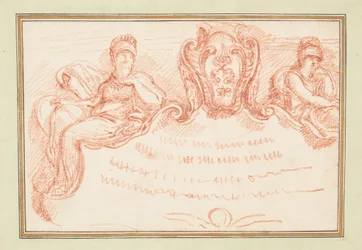 Zeichnung, Deckendetail mit zwei sitzenden Figuren und Wappenschild, ca. 1759–70
