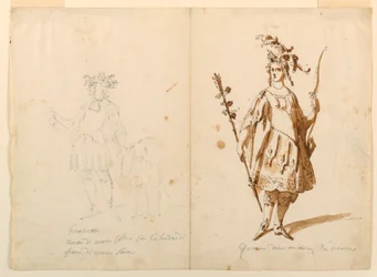 Zeichnung, Kostümentwurf: Jugend und Diana für ein Ballett, ca. 1720