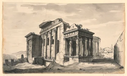 Zeichnung, Bühnenbild, Das Erechtheion auf der Akropolis, Athen, Griechenland, frühes 19. Jahrhundert