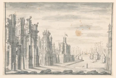 Zeichnung, Bühnenbild, Blick auf Stadt und Hafen, frühes 18. Jahrhundert