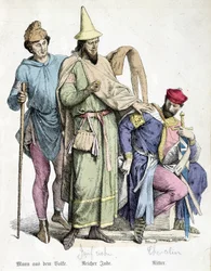 Kostüme des 11. Jahrhunderts: Der Mann mit dem Stock, der reiche Jude und der Ritter. Gravur des 19. Jahrhunderts