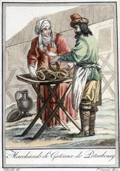 Teller aus dem 19. Jahrhundert, der einen russischen Mann, Kuchenhändler in Petersburg, darstellt