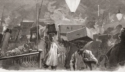 5 Uhr morgens auf dem Billingsgate-Fischmarkt, London, England im 19. Jahrhundert