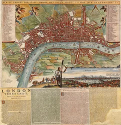 Eine niederländische Karte, die Gebiete zeigt, die durch das Große Feuer von London verwüstet wurden