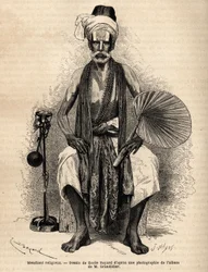 Ein hinduistischer religiöser Bettler. Gravur zur Illustration der Reise in die südlichen Provinzen Indiens, von Alfred Grandidier, veröffentlicht in „Le tour du monde“ 1869, herausgegeben von Edouard Charton, Edition Hachette, Paris. Selva-Sammlung