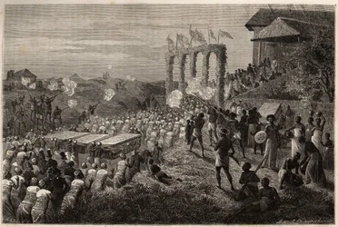 Ein Hochzeitszug in Tete (Mosambik). Gravur zur Illustration der ersten Reisen von Dr. Livingstone nach Südafrika von 1840 bis 1856, in „Le tour du monde, nouveau journal des voyages“ herausgegeben unter der Leitung von Edouard Charton