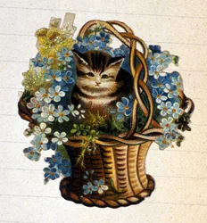 Eine Katze in einem Korb mit Blumen. Chromolithographie des 19. Jahrhunderts