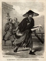 Ein Fechtmeister, gefolgt von zwei Helfern, die sein Material tragen, der Meister zieht seine weißen Handschuhe über die Ärmel seiner Schwerter. Gravur zur Illustration der Reise nach Japan, in den Jahren 1863-1864, von Aime Humbert, Minister der Schweizer