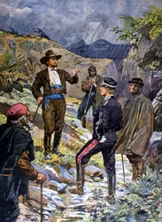 Ein Gendarm, der von einem Banditen aus Sardinien zur Rede gestellt wird. 1899.