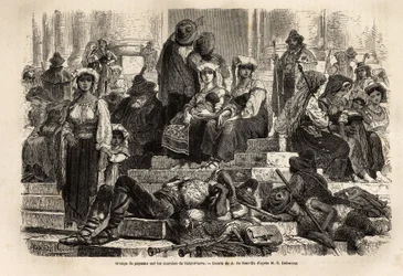 Eine Gruppe von Bauern und Hirten versammelt sich zur Feier der Karwoche auf den Stufen von St. Peter im Vatikan. Gravur zur Illustration der Geschichte der Karwoche in Rom, im Jahr 1863, von Ludovic Celler, in „Le tour du monde, nouveau journal des voyage