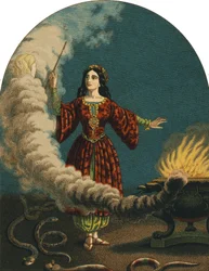 Ein Magier (Hexe) bereitet Zauber mit einem Zauberstab, einem Kessel und Schlangen vor. Gravur von 1852