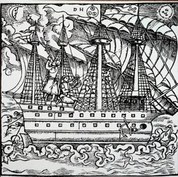 Ein Navigator auf einer portugiesischen Karavelle benutzt ein Astrolabium. Gravur aus den Reisegeschichten des deutschen Navigators Hans Staden (1525-1579)