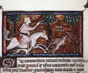 Ein Adliger jagt einen Hirsch. Manuskript aus dem 15. Jahrhundert