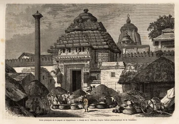 Ein beliebter Spaziergang vor dem Haupttor der Djaghernaut-Pagode (um 1200 erbaut), einer heiligen Stadt und Pilgerstätte im südlichen Bengalen. Gravur zur Illustration der Reise in die südlichen Provinzen Indiens, von Alfred Grandidier, veröffentlicht in 