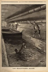 Ein Segutter aus Paris ertrinkt bei der Reinigung einer schlammigen Ableitung. Gravur in "Le petit journal" 15/9/1899. Selva Sammlung.