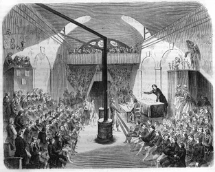 Eine Sitzung im Klub der Jakobiner während der Revolution von 1789. Gravur von 1844