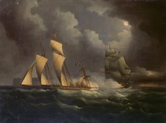 Ein Schmuggler-Lugger verfolgt von einer Marine-Brigg, um 1825
