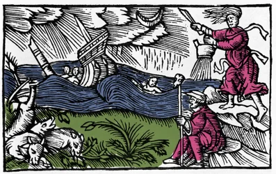 Eine Hexe verursacht einen Sturm nach „Historia de gentis septentrionalibus“ von Olaus Magnus, Rom 1555