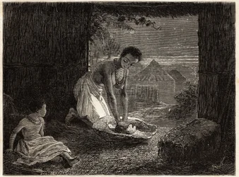 Eine Frau mahlt Getreide in einem Brenner, die Mühle besteht aus einem stationären Granitblock in Form einer Rinne und einem konvexen Quarzstück. Gravur zur Illustration von Dr. Livingstones ersten Reisen nach Südafrika von 1840 bis 1856, in „Le tour du mo