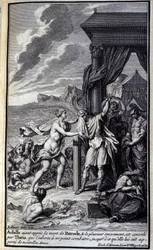 Achilles, der vom Tod des Patroklos gehört hat und bitterlich um ihn weint, wird von Thetis getröstet, die ihn ermahnt, nicht zu kämpfen, bis sie ihm neue Waffen bringt. Illustration für Buch XVIII der Ilias von Homer, französische Ausgabe