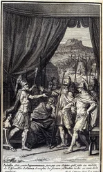 Achilles, wütend auf Agamemnon, schwört bei seinem Zepter, den Griechen nicht zu helfen; und Nestor versucht vergeblich, sie zu beruhigen. Illustration für Buch I der Ilias von Homer, französische Ausgabe
