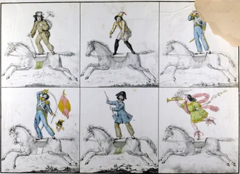 Akrobatik: Akrobatische Übungen zu Pferd. Gravur