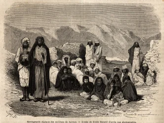 Afghanische Bergbewohner in der Nähe von Sarwar. Gravur zur Illustration der Reise nach Pandjab und Kaschmir, Geschichte von Guillaume Lejean, veröffentlicht in „Le tour du monde, nouveau journal des voyages“, unter der Leitung von Edouard Charton