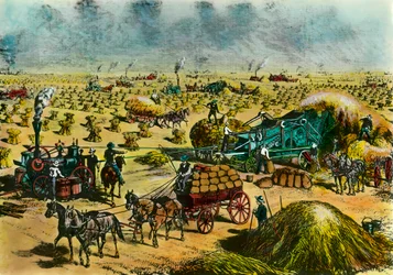 Landwirtschaftliche Revolution: Weizenernte in Dakota mit Dampfmaschinen im 19. Jahrhundert. Stich aus dem 19. Jahrhundert. Paris, Musée des Arts décoratifs
