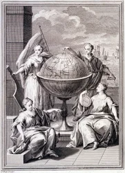 Allegorie der Erforschung der Welt - in „Historische Reise durch Südamerika im Auftrag des Königs von Spanien“ von Don Georges Juan und Don Antoine de Ulloa, Librairie du Roi, Paris