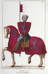 Amaury VI., Graf von Montfort (ca. 1192 - ca. 1241), verlor einen Teil der Eroberungen seines Vaters Simon IV. und trat seine Rechte im Süden an den König von Frankreich, Ludwig VIII., ab. Gravur aus dem Jahr 1830.
