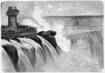 Amerikaner Jenkins überquert die Niagarafälle auf einem Velociped im Jahr 1869
