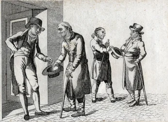 Amone. Bettler, die Hüte ausstrecken, um Münzen zu sammeln. Gravur Ende des 18. Jahrhunderts. Private Sammlung