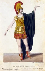 Antigone Kriegerkostüm. Gravur aus dem 18. Jahrhundert