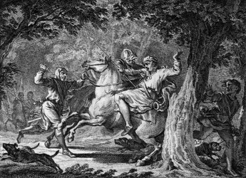 Ermordung von Childerich II., 675: Der König der Franken (circa 653-675) wurde im Wald von Lognes von Bodillon, einem Herrn, den er ausgepeitscht hatte, getötet. Gravur des 18. Jahrhunderts.