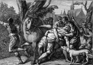 Ermordung Chilperichs I. (539-584), König von Neustrien, veranlasst durch seine Gemahlin, Königin Fredegunde (ca. 545-597), 584. Stich aus dem 18. Jahrhundert.