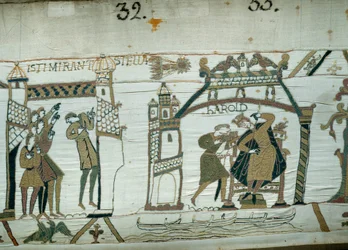 Astrologen berichten über das Erscheinen des Kometen (Halley), ein Vorzeichen des Unglücks für Harold, kaum zum König von England gekrönt (Detail)