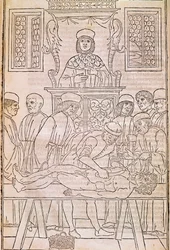 Autopsie. Codex. Der Körper eines toten Mannes wird von Ärzten für eine anatomische Studie seziert. „Fascicula Medicinae“. Codex eines Ärztefascikels von Johannes Kethan