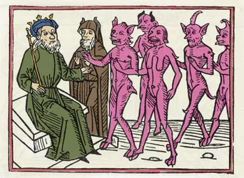 Belials Prozess: „Der Dämon Belial erscheint in Begleitung von vier weiteren Dämonen vor dem Richter Salomon.“ Kupferstich aus „Belials Prozess“ von Jacobus de Teramo (oder Palladino), Augsburg