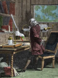 Benjamin Franklin (1706-1790), Philosoph, Physiker und amerikanischer Botschafter in seinem Labor in Philadelphia