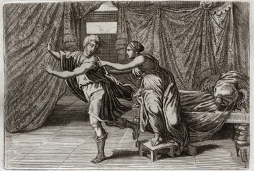 Bibel von Royaumont, Altes Testament: Keuschheit von Joseph. Joseph wird von der Frau von Putiphar (Potiphar) bedrängt und ins Gefängnis geworfen. Illustration von 1811.