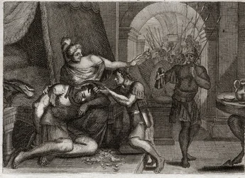 Bibel von Royaumont, Altes Testament: Tod von Samson. Samson verrät Dalila, dass seine Stärke in seinem Haar liegt. Sie schneidet ihm das Haar ab und bringt die Philister-Soldaten in den Raum. Illustration von 1811.
