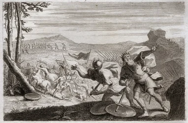 Bibel von Royaumont, Altes Testament: Niederlage von Saul. Sauls Armee wurde von den Philistern besiegt. Seine drei Kinder wurden dort getötet, und nachdem er im Kampf schwer verletzt worden war, tötete er sich selbst. Illustration von 1811.